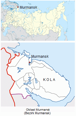 Karte
                      Russlands mit der Position von Murmansk am Eismeer
                      an der Grenze zu Finnland und Norwegen