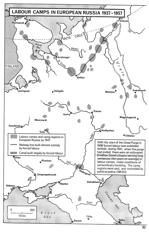 Karte
                      der Gulag-Arbeitslager in der
                      "Sowjetunion" westlich des Ural im
                      europischen Russland 1937-1957