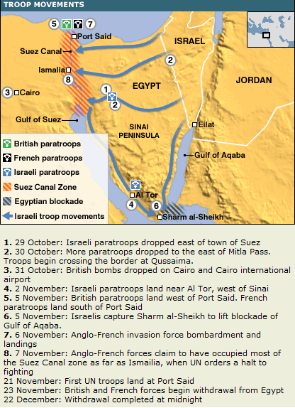 Suezkrise von 1956, Karte mit der
                                  Angabe der Ereignisse (englisch)