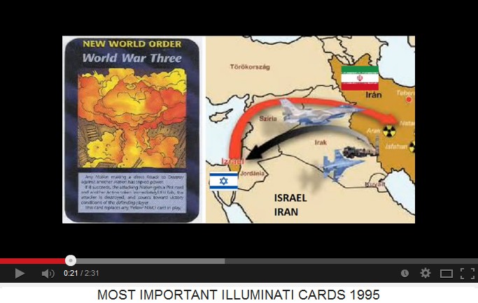 Spielkarte "Dritter
                        Weltkrieg" (Third World War) und der
                        Darstellung des Nahostkonflikts zwischen dem
                        kriminell-rassistisch-zionistischen Israel und
                        dem Iran, der an Nuklearenergie forscht