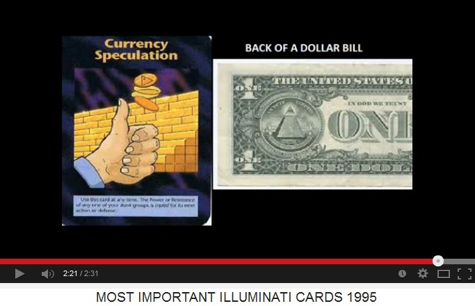 Spielkarte mit
                        Whrungsspekulation mit der Pyramide auf der
                        Mnze - und eine Ein-Dollar-Banknote ebenfalls
                        mit der Augen-Pyramide der Illuminati