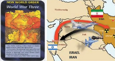 5. Spielkarte "Dritter
                                  Weltkrieg" (Third World War) und
                                  der Darstellung des Nahostkonflikts
                                  zwischen dem
                                  kriminell-rassistisch-zionistischen
                                  Israel und dem Iran, der an
                                  Nuklearenergie forscht - aber die
                                  Atombomben von Israel fehlen auf der
                                  Karte (!!!)