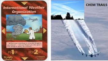 19. Spielkarte mit der
                                "internationalen
                                Wetterorganisation"
                                ("international weather
                                organization") mit einem Flugzeug,
                                das eine Wolke hinter sich herzieht -
                                und die Chemtrails