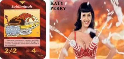 23. Spielkarte
                                "unterschwellige"
                                ("subliminals") - und Katy
                                Perry mit Brust-Milchspritzmaschinen