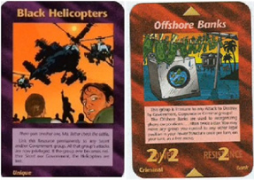 30. Spielkarten mit schwarzen
                                Helikoptern (black helicopters) und
                                Insel-Banken (Offshore banks)