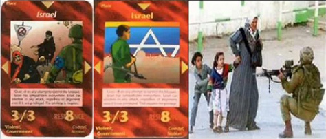 24. Card with criminal Zionist
                    Israel and a soldier targeting at Palestinian
                    children