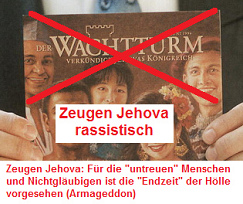 Wachtturm der
              Zeugen Jehova mit der rassistisch-kriminellen
              Armageddon-Philosophie