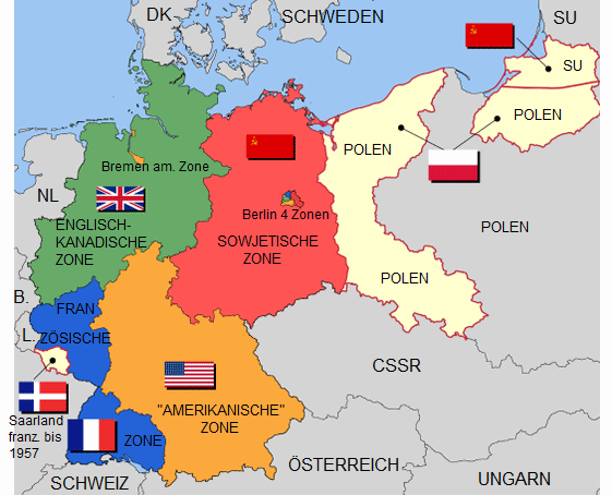 Zonenkarte
                  von Rest-Deutschland 1947 mit Polen, das 300 km nach
                  Westen bis zur Oder-Neisse-Grenze verschoben wurde