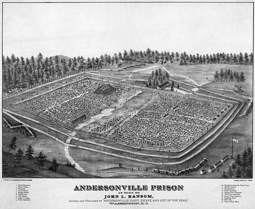 Andersonville, aerial
                            photo of the meadow camp prison 1964-1965
                            with three fences