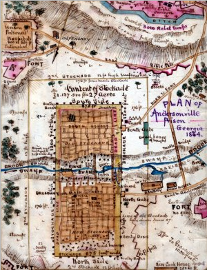 The meadow camp of
                            Andersonville, map showing a creek