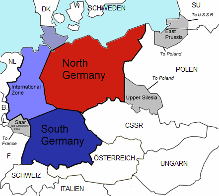 Morgenthau Plan with the
                        projected partition of Germany in a Northern
                        State, a Southern State, and an
                        "International Zone", and some
                        territories are given to neighboring countries
                        (Prussia, Upper Silesia and Saar with
                        surrounding areas), map