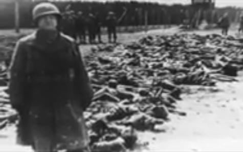 Rhine meadow camp,
                "American" soldier in a thick coat guarding a
                field of bodies with German bodie