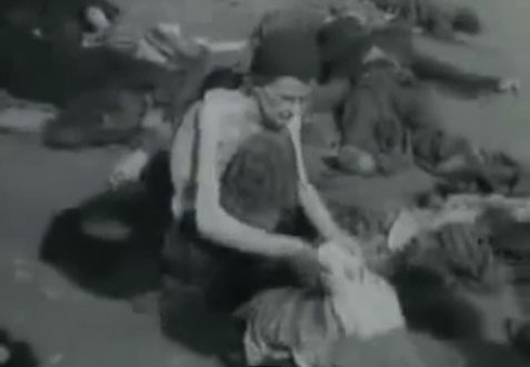 A German
                  prisoner of war topless in summer 1945 searching
                  clothes on the ground, and in the background is
                  another German captive dead in a gray uniform (3min.
                  7sec.)