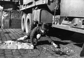 Post-war era in remaining
                          Germany, child collecting little coal pieces
                          under a lorry