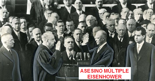 El asesino mltiple Eisenhower
                durante el juramento presidencial el 20 de enero 1953,
                al lado derecho su vicepresidente y show man Nixon de
                California