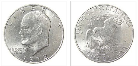 Monedas memoriales de
                Eisenhower con perfil y con guila representando el
                "alunizaje" inventado de 1969