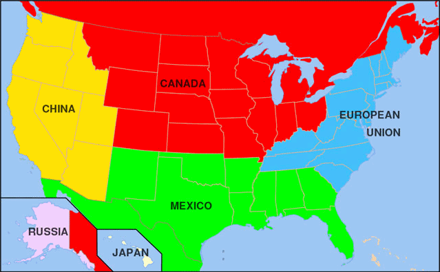 Karte: Die                  Pleite-"USA" werden aufgeteilt zwischen                  China, Russland, Kanada, Mexiko, EU und Japan