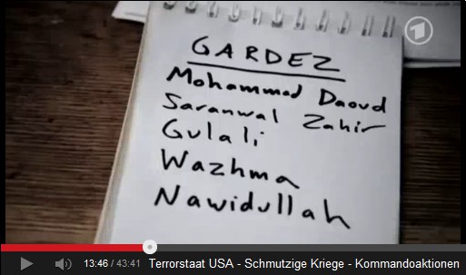 Die Liste mit den
                    Opfernamen aus Gardez: Mohammed Daoud, Saranwal
                    Zahir, Gulali, Wazhma, Nawidullah