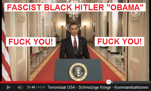 Der
                    Massenmrder Obama auf dem roten Teppich, der
                    Schwarze Hitler kommt... - Fuck You! (Verpiss
                    dich!)