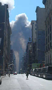 WTC blast of the South Tower: Face in the smoke
                and in the dust which is scrolling through the streets