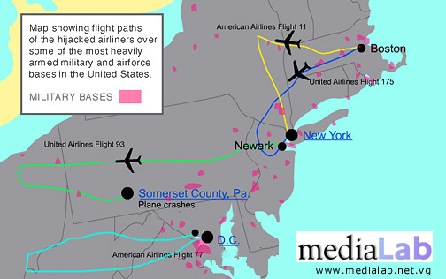 The
                          alleged flight paths of the 11 September 2001,
                          map (official version)