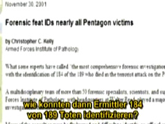 Aqu es el parte del 20/11/2001 sobre
                            la identificacin presunta de 184 de 189
                            victimas presuntas del Pentgono