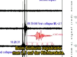 Terremoto brevemente antes de la
                            voladura de la torre sur a las 9:59 horas y
                            4 segundas: 2.1 puntos Richter