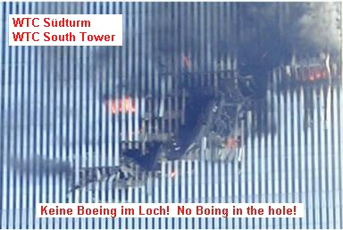 Eso es la realidad: Aqu est el
                          hueco vaco de la torre sur. NO hay partes de
                          un Boeing aqu que deberan estar en el hueco,
                          ningn fuselaje reducido, ninguna aleta
                          caudal, ninguna ala, nada! O el avin fue en
                          papel? Seguramente no.