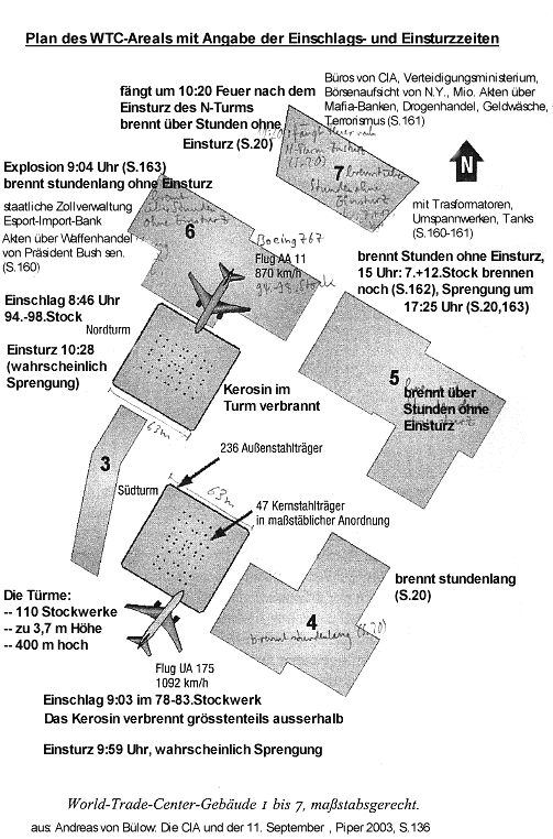 WTC-Areal, Plan und
                          Zeiten des Geschehens am 11. September,
                          9/11,World Trade Center