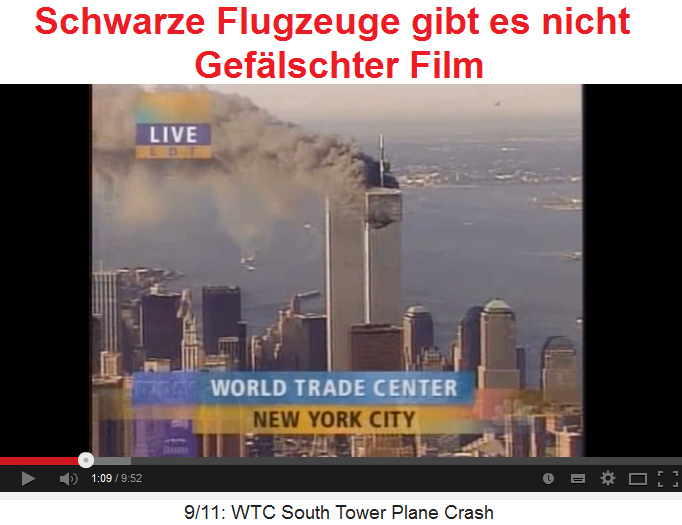 Falscher Film mit
                            einem schwarzen Flugzeug beim WTC - schwarze
                            Flugzeuge gibt es nicht 02