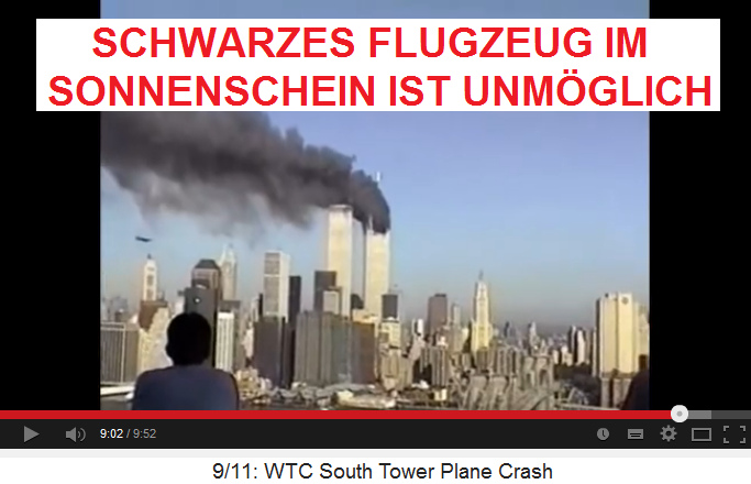 Ein schwarzes
                            Flugzeug im Sonnenschein beim Sdturm des
                            WTC - ist eine Flschung 01