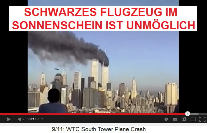 Ein schwarzes
                              Flugzeug im Sonnenschein beim Sdturm des
                              WTC - ist eine Flschung 02