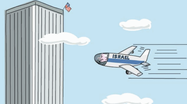 Karikatur:
                      Zionist-Massenmrder Netanjahu fliegt mit einem
                      Israel-Flugzeug ins WTC