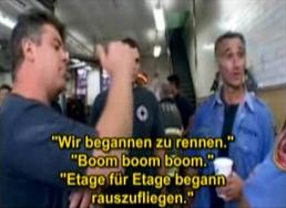 Firefighter witness (left) speaks:
                          "Every floor was blasted separately: Boom
                          boom boom boom boom."