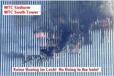 Reality: The hole of the WTC South
                      Tower is empty, there are no parts of a Boeing
                      here