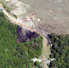 Air foto of the site of the Shanksville
                          crater without any Boeing (red), supply
                          channel (orange), alleged fire damage
                          (green).
