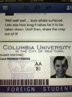 ID der Universitt Columbia mit Barry
                          Soetoro als "auslndischer Student"
                          (foreign student), gepostet auf Facebook