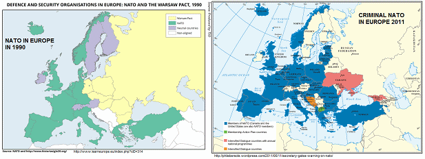 Mapas de la OTAN criminal en Europa en 1990 y
                    en 2011