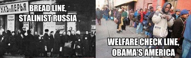 Warteschlangen in der Sowjetunion mit Stalin
              1930er Jahre ca. - und in den "USA" mit Obama um
              2010 ca.