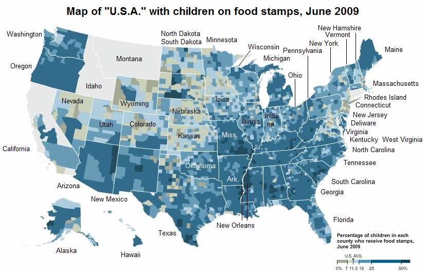 Karte der "USA" mit den Kindern auf
                      Essensmarken Juni 2009 - map of "U.S.A:"
                      with children on food stamps in June 2009