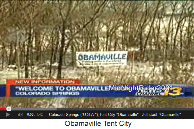 Zeltstadt in Colorado Springs
                "Obamaville", Schild - tent city in Colorado
                Springs "Obamaville"