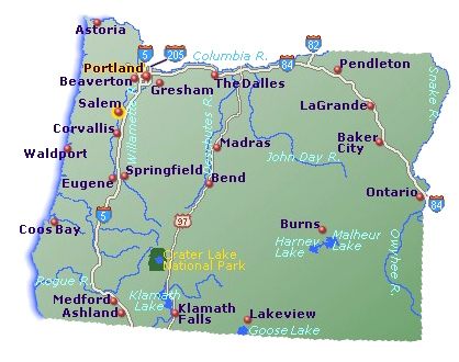 Karte von
              Oregon mit Bend - map of Oregon with Bend City