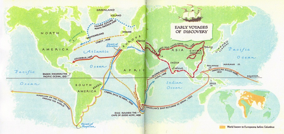 World
                            map with the voyage of Marco Polo and
                            official Christian "discoveries"
                            1271-1522 in the schoolbook from 1965.