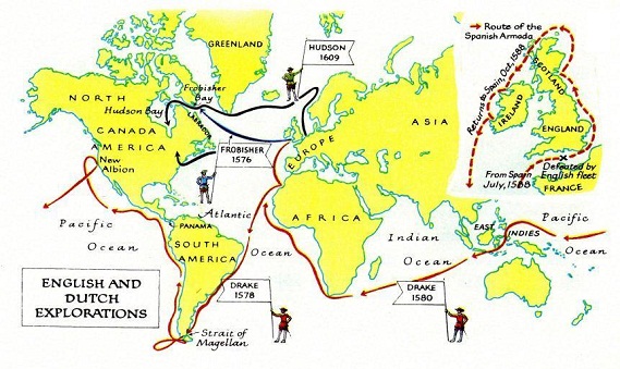 The first
                        English and Dutch invasions and piracy in
                        "America" under Drake, Frobisher and
                        Hudson 1567-1609, and Magellan's around the
                        world trip, map.