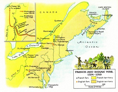Map
                        showing French Indian war 1754-1763 against New
                        England, until the French are expelled.