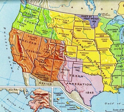 Overview of
                    the expansion of the White racist "USA"
                    1803-1848 to the Pacific coastline with Louisiana
                    Territory, Oregon Country, Texas, and breakthrough
                    to California