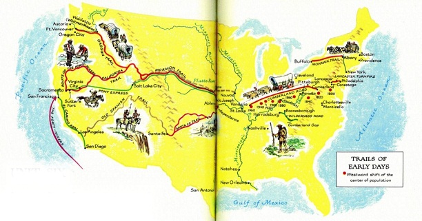 Map with
                        the trails in the "USA" to the West
                        1819-1860