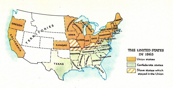 The distribution of white North
                        "American" states in civil war of the
                        "USA" in 1861, map.