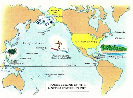 "USA" 1917: Domination over North
                        "America" and over Pacific with the
                        "Philippines", map.
