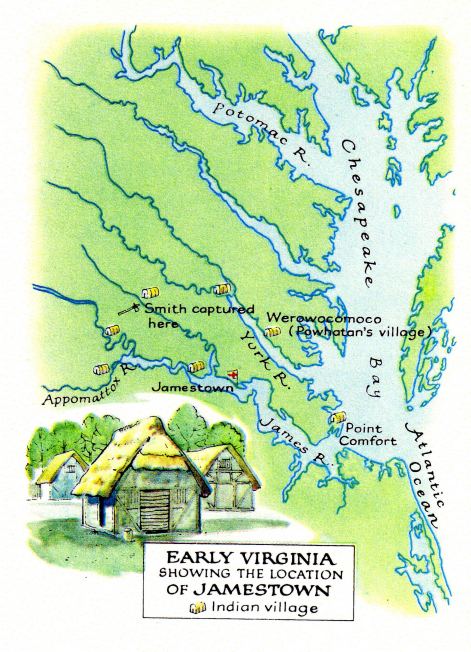 Jamestown ab 1607 in Virginia -- Appomattox
                  River, Smith captured here, York River, Werowocomoco,
                  Powhatan's village, Point Comfort, James River,
                  Chesapeake Bay, Potomac River -- map, mapa, carte,
                  carta, Karte, terkep